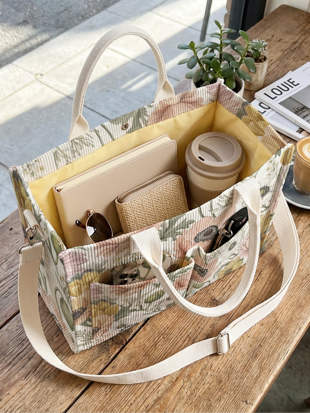 Sac à bandoulière en velours côtelé avec impression de fleurs d'anémone aquarelle vintage, grande capacité, multi-poches, pour les amoureux de la nature, sac de transport