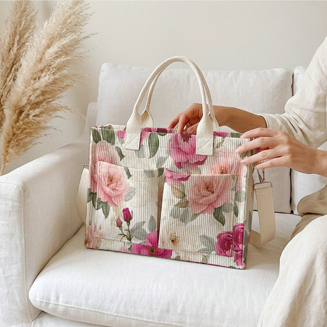 Sac fourre-tout en velours côtelé imprimé fleurs Pioenroos Grande capacité Multi Poche Bandoulière amovible