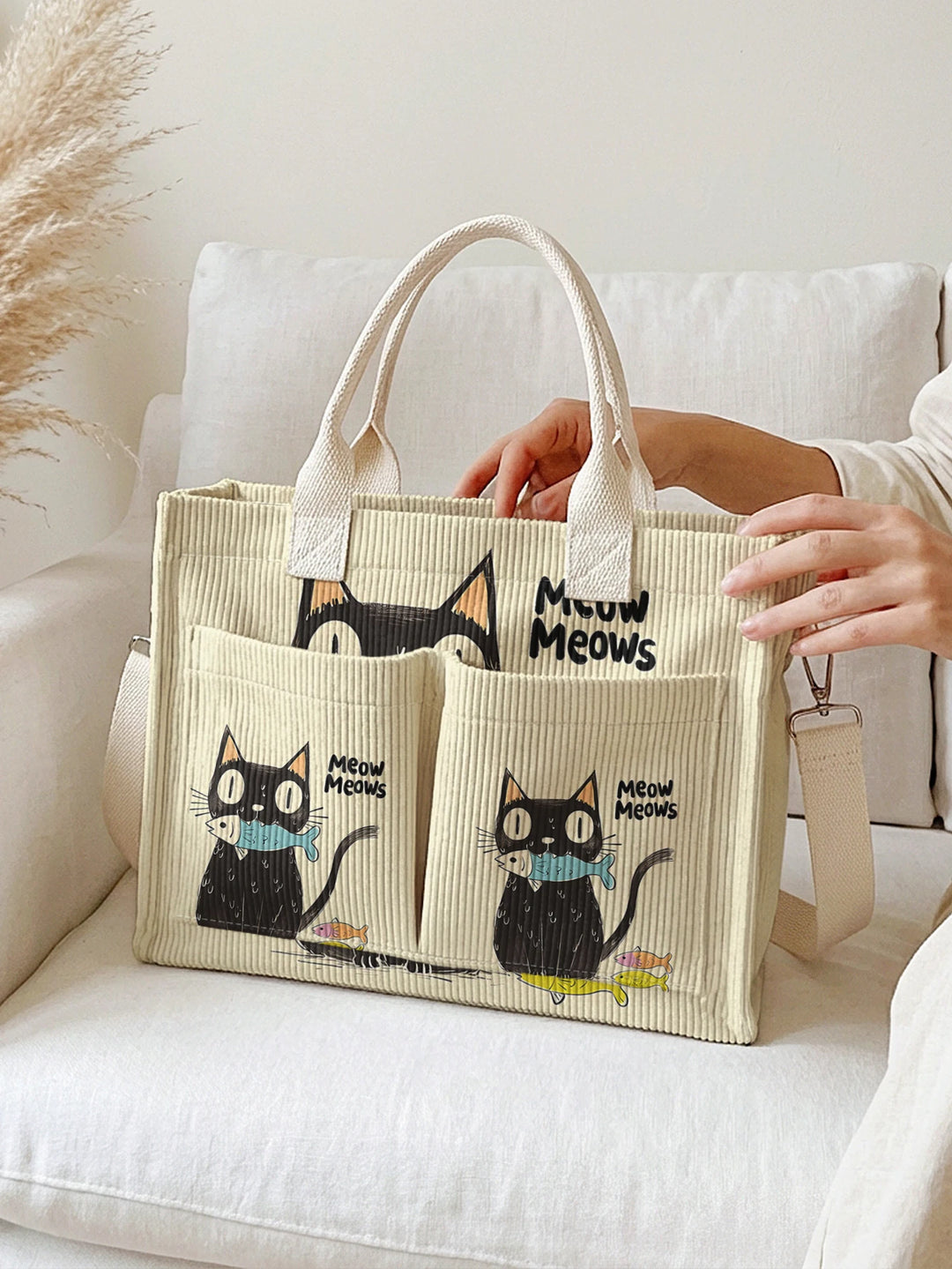 Sac à main en velours côtelé "Meow Meows" noir mignon à grande capacité, sac à bandoulière multi-poches pour les amoureux des chats