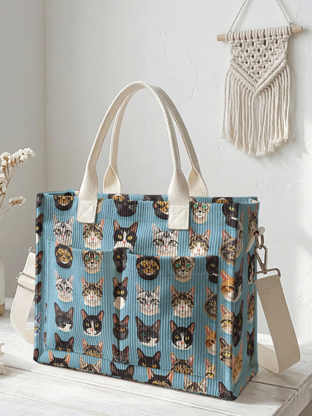 Sac à bandoulière en velours côtelé avec imprimé visages de chats bleus, grande capacité et plusieurs poches, sac de transport pour amoureux des chats