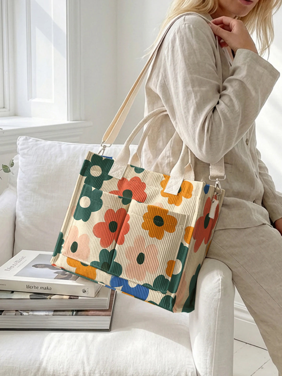 Sac à main en velours côtelé beige avec impression de fleurs rétro, grande capacité, plusieurs poches, sac bandoulière amovible