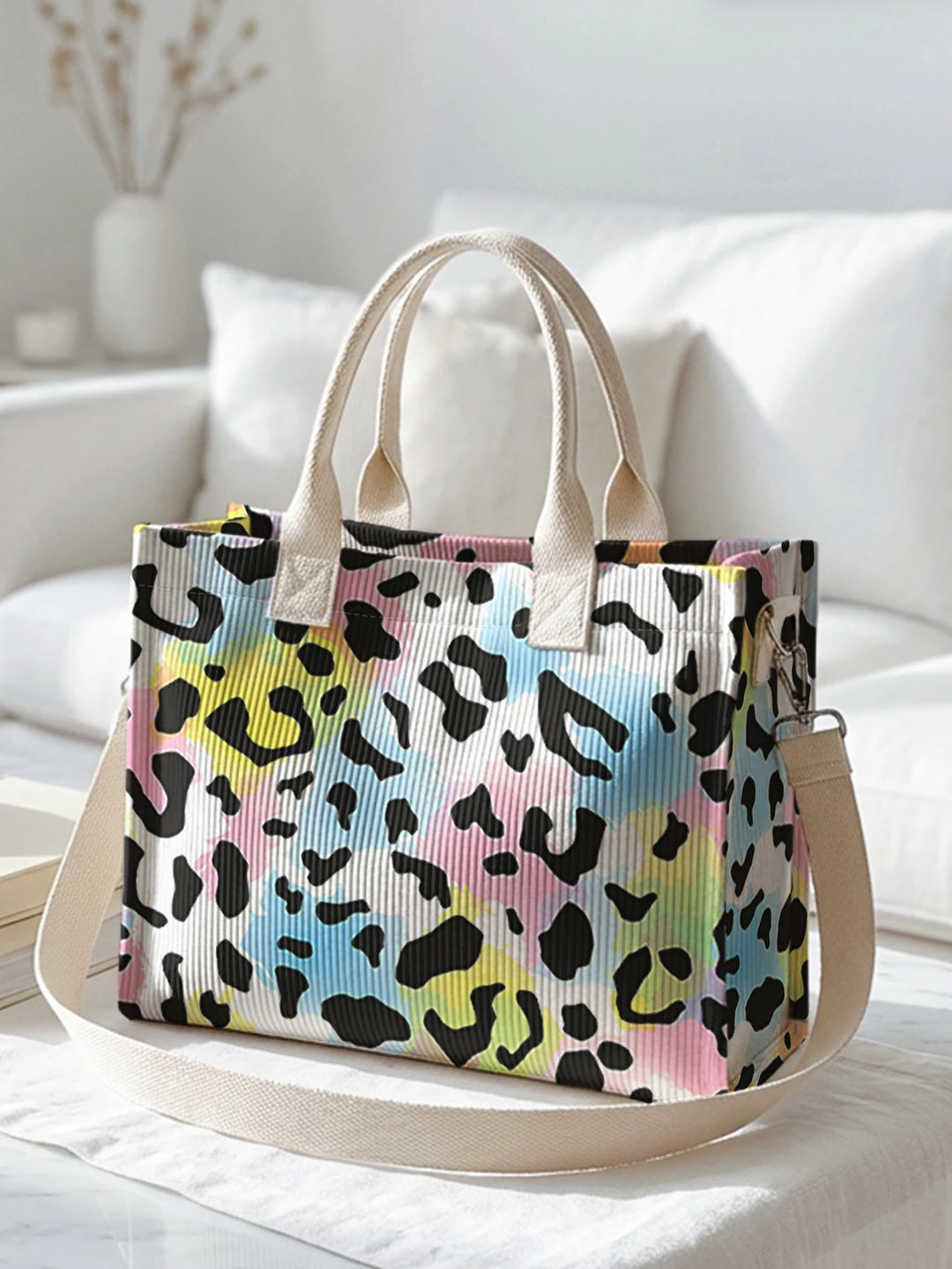 Sac en corduroy à imprimé léopard en couleurs pastel avec grande capacité et plusieurs poches, adapté aux trajets domicile-travail