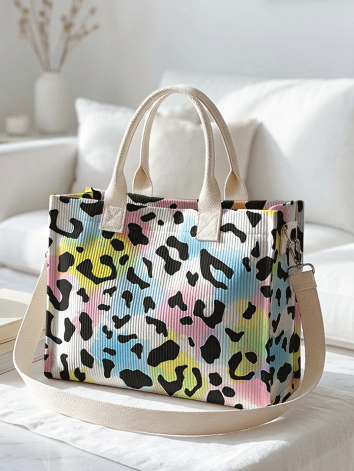 Sac en corduroy à imprimé léopard en couleurs pastel avec grande capacité et plusieurs poches, adapté aux trajets domicile-travail