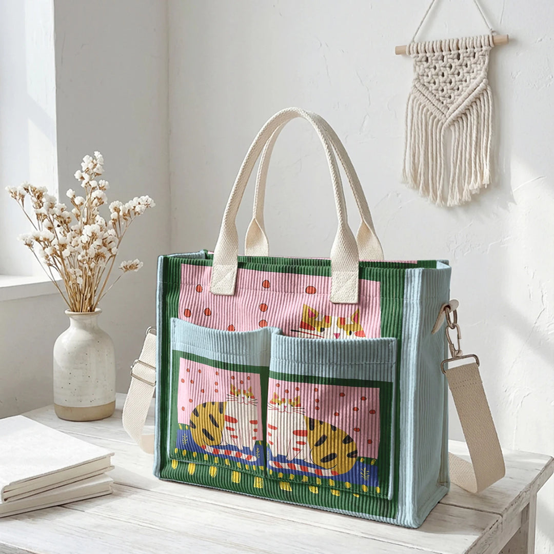 Sac fourre-tout en velours côtelé avec impression d'art populaire vintage - Grande capacité - Sac à plusieurs poches pour amoureux des chats - Sac à bandoulière pour le trajet