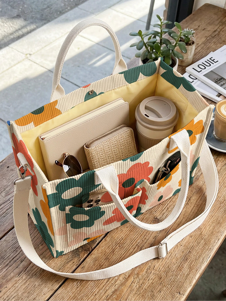 Sac à main en velours côtelé beige avec impression de fleurs rétro, grande capacité, plusieurs poches, sac bandoulière amovible