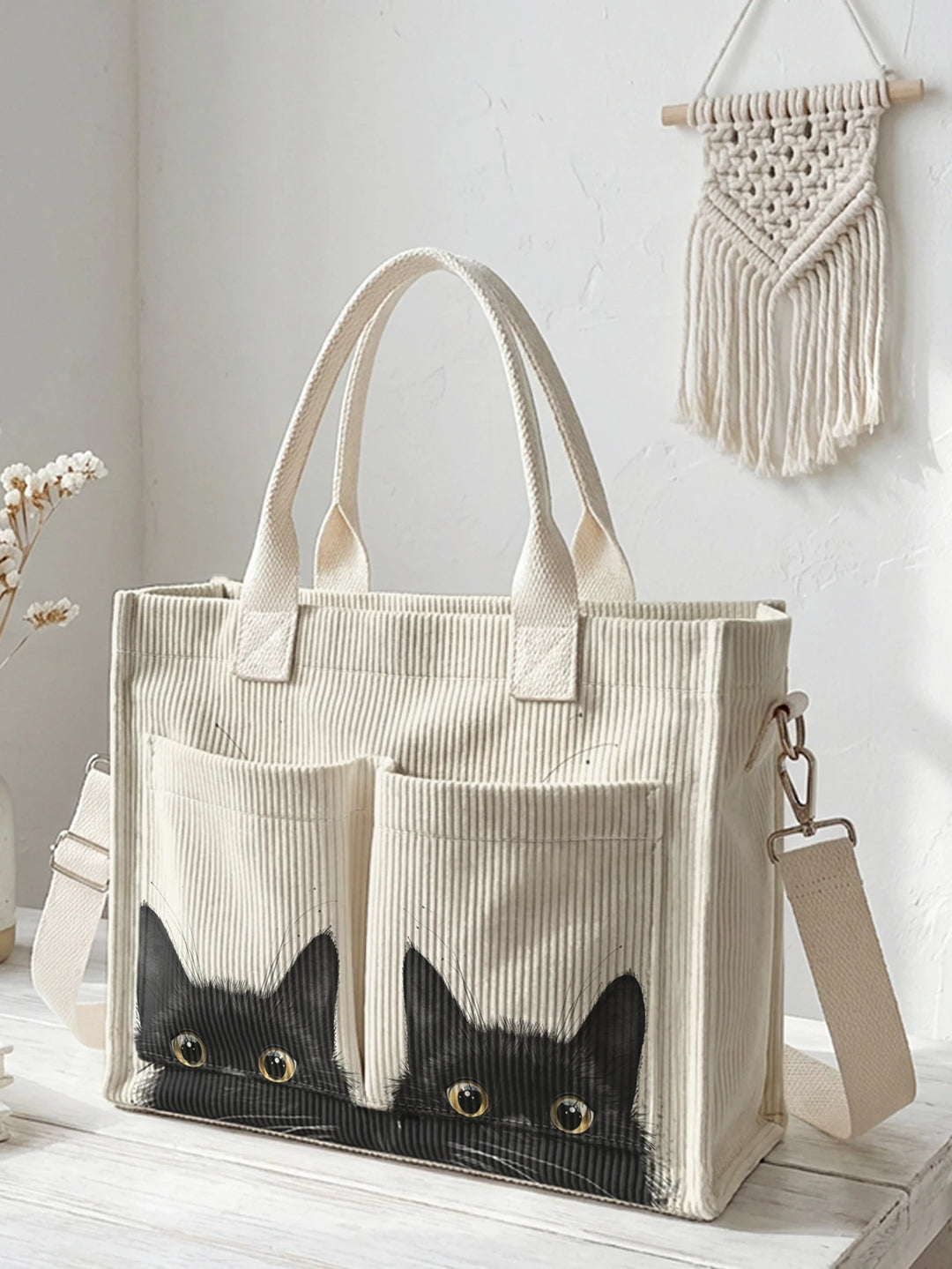 Sac fourre-tout en velours côtelé avec impression de chats noirs espions Grande capacité Multi Poche Sac à bandoulière pour amoureux des chats