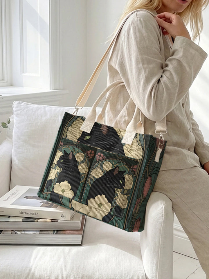 Sac à main en velours côtelé avec impression de chat noir et de fleurs, grande capacité et plusieurs poches pour les amoureux des chats, sac à bandoulière pour le travail