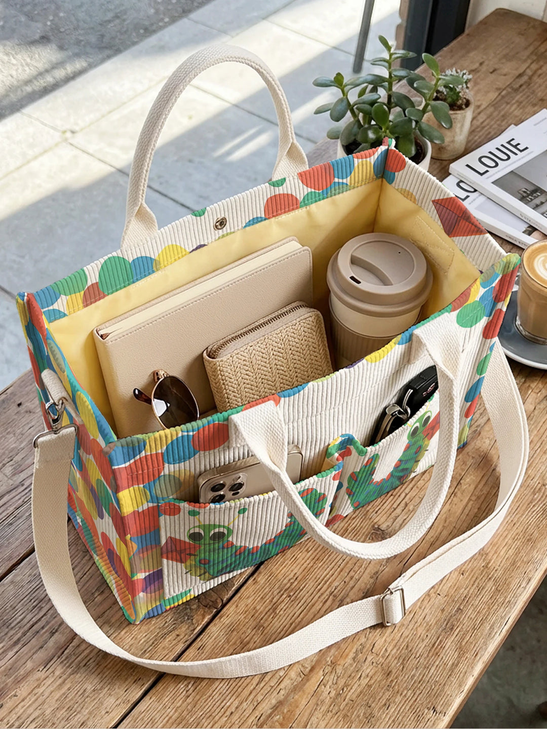 Sac en velours côtelé Hungry Caterpillar avec imprimé à pois, grande capacité, plusieurs poches, sac à bandoulière pour le travail