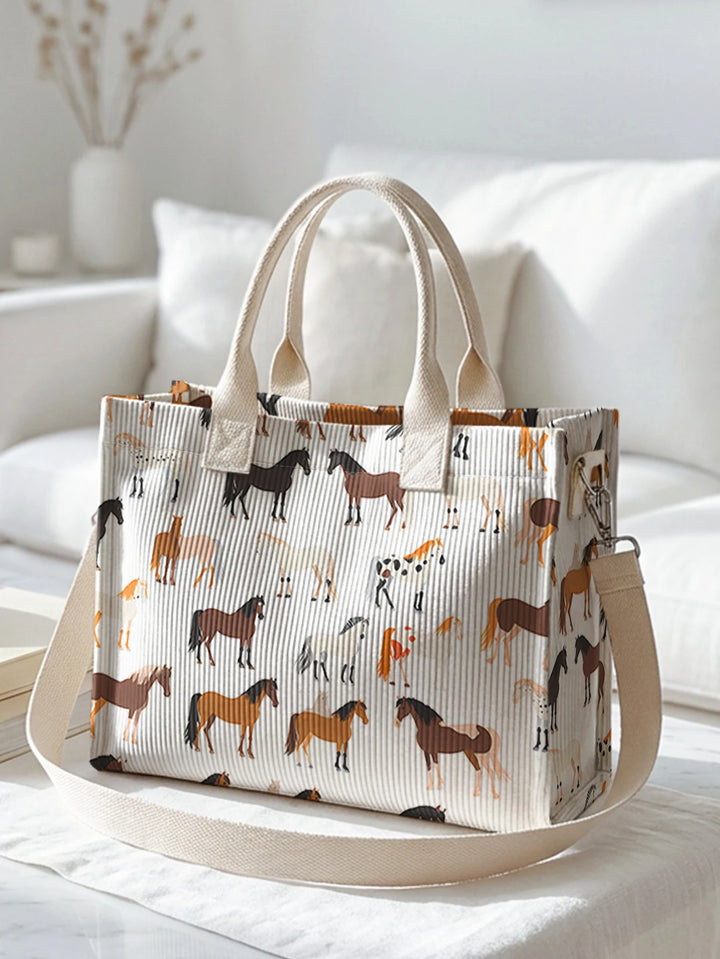 Sac en velours côtelé avec imprimé de chevaux, grande capacité, plusieurs poches, sac à bandoulière pour cavaliers et navetteurs