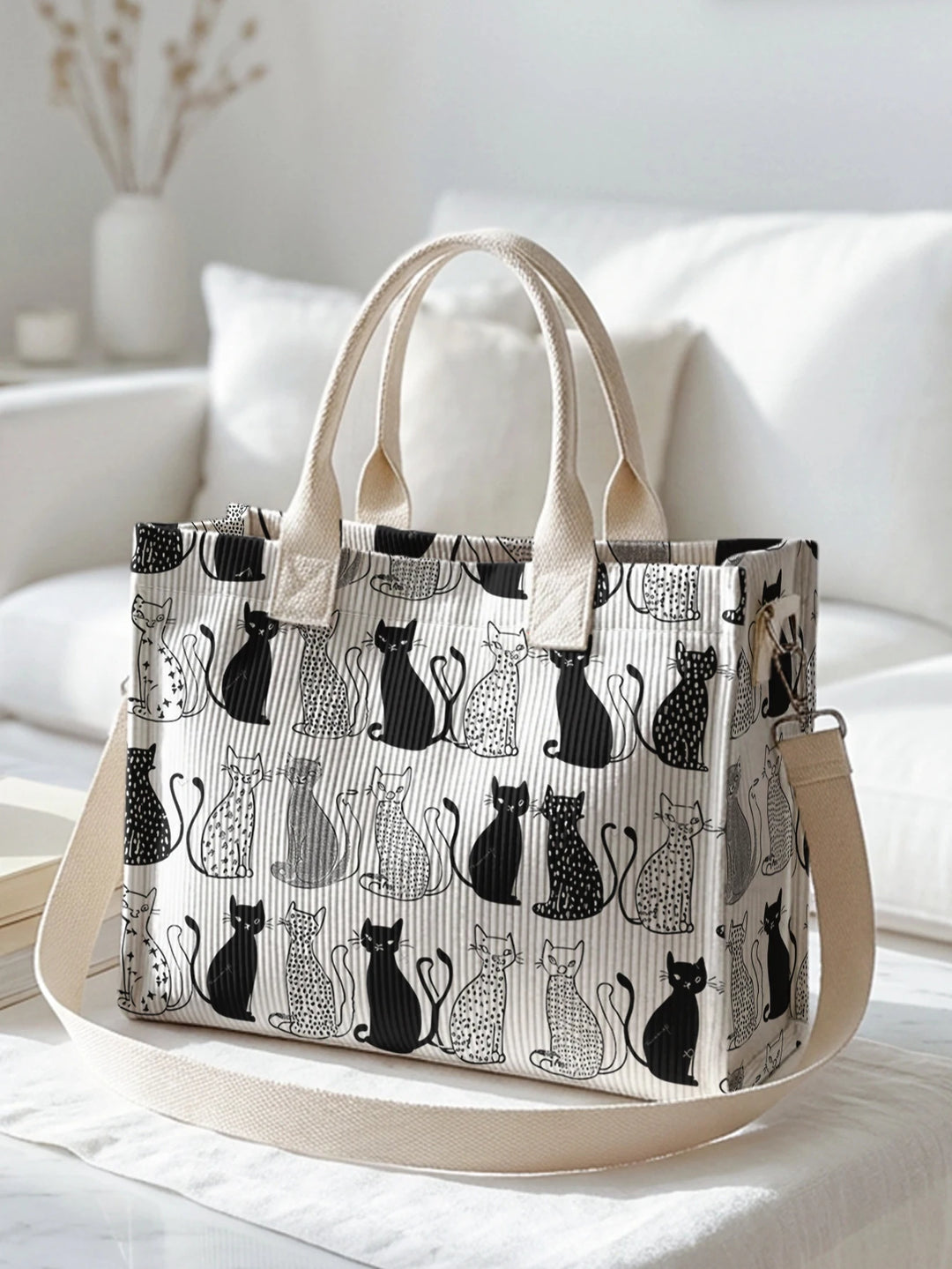 Impression collage de chats noir et blanc sac en corduroy grande capacité multi-poches sac à bandoulière pour amoureux des chats