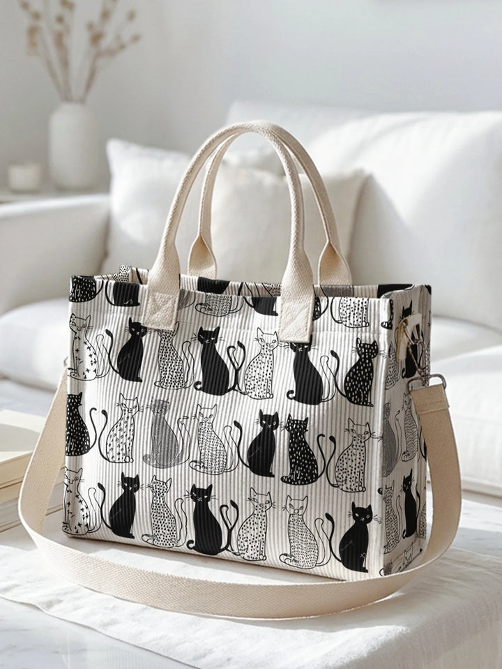 Impression collage de chats noir et blanc sac en corduroy grande capacité multi-poches sac à bandoulière pour amoureux des chats