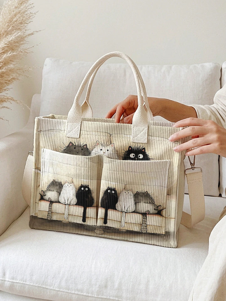 Sac à main en velours côtelé beige avec imprimé de chats, grande capacité et plusieurs poches pour les trajets domicile-travail