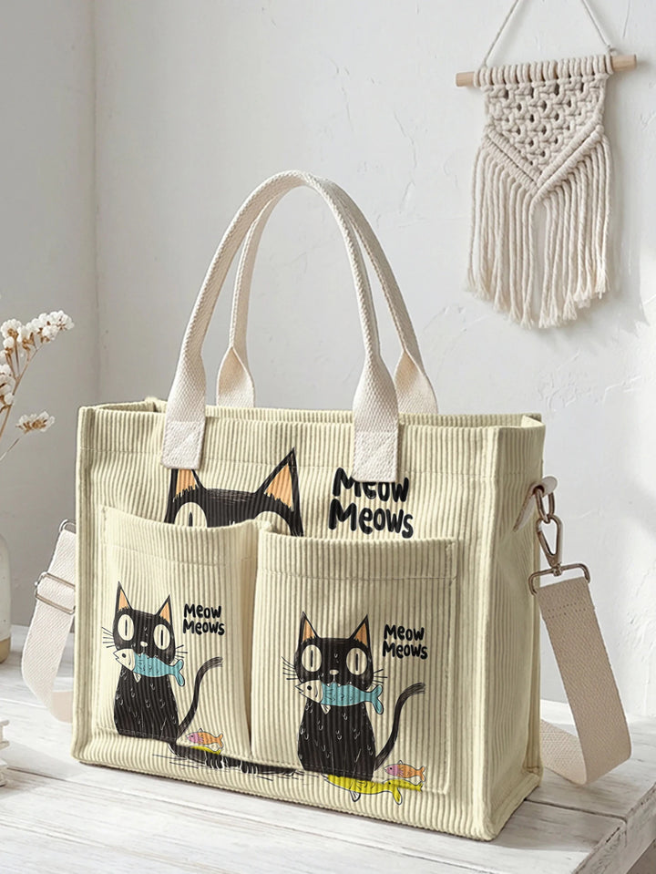 Sac à main en velours côtelé "Meow Meows" noir mignon à grande capacité, sac à bandoulière multi-poches pour les amoureux des chats