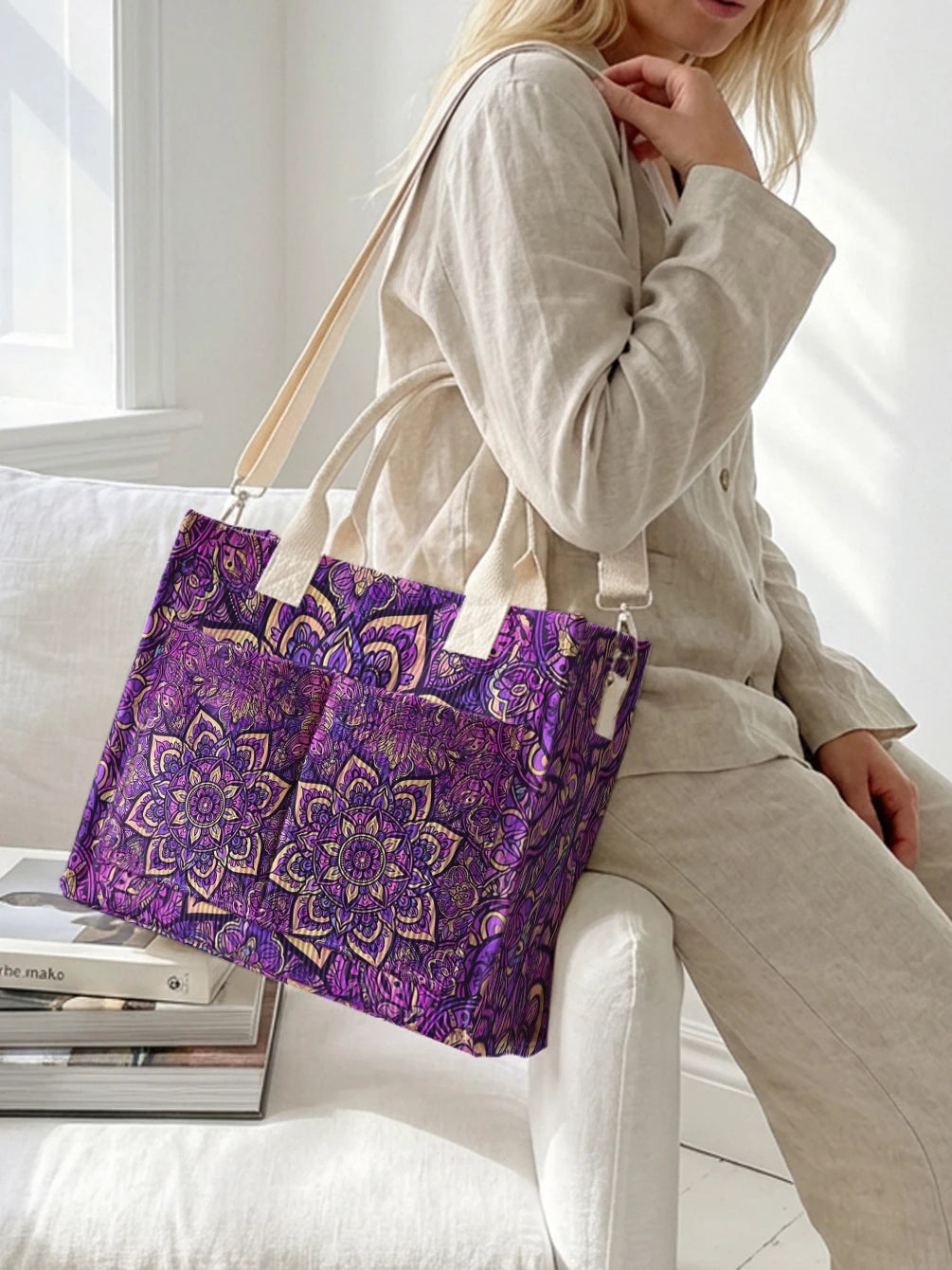 Sac à dos en velours côtelé avec imprimé mandala violet, grande capacité et plusieurs poches, sac à bandoulière pour les trajets domicile-travail