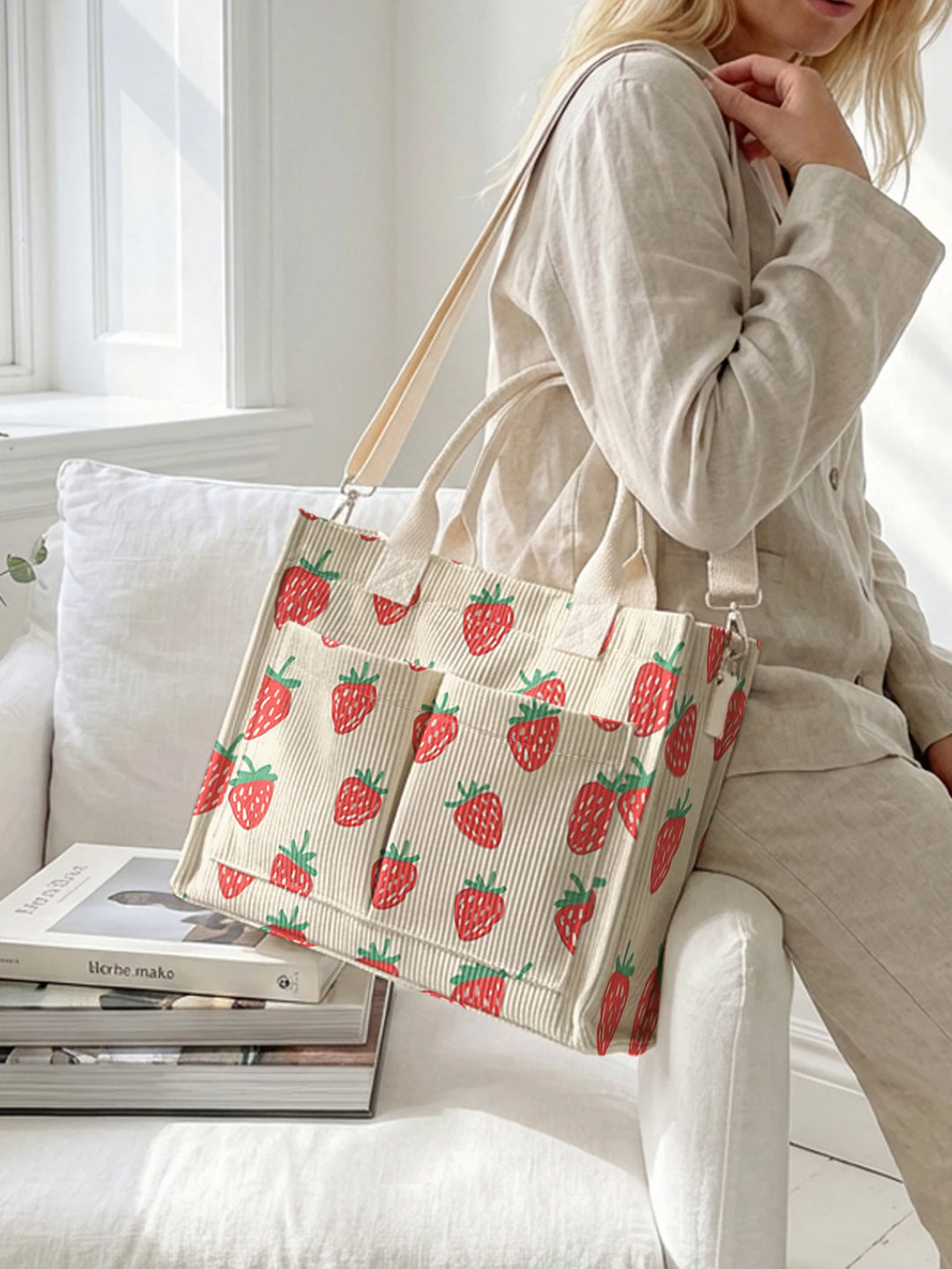 Sac en velours côtelé amusant avec imprimé fraises, grande capacité, plusieurs poches, pour les amateurs de fruits, sac à bandoulière pour le travail et les loisirs
