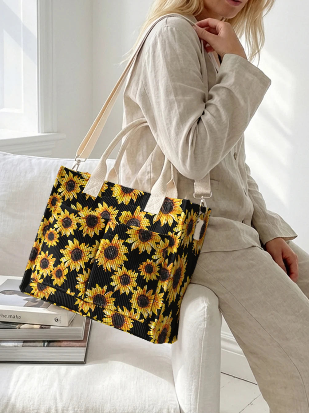 Sac à bandoulière en velours côtelé noir imprimé de tournesol Grande capacité Sac de transport pour navette avec plusieurs poches