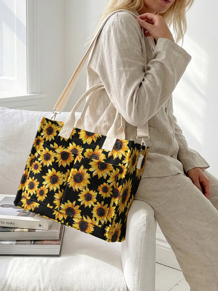 Sac à bandoulière en velours côtelé noir imprimé de tournesol Grande capacité Sac de transport pour navette avec plusieurs poches