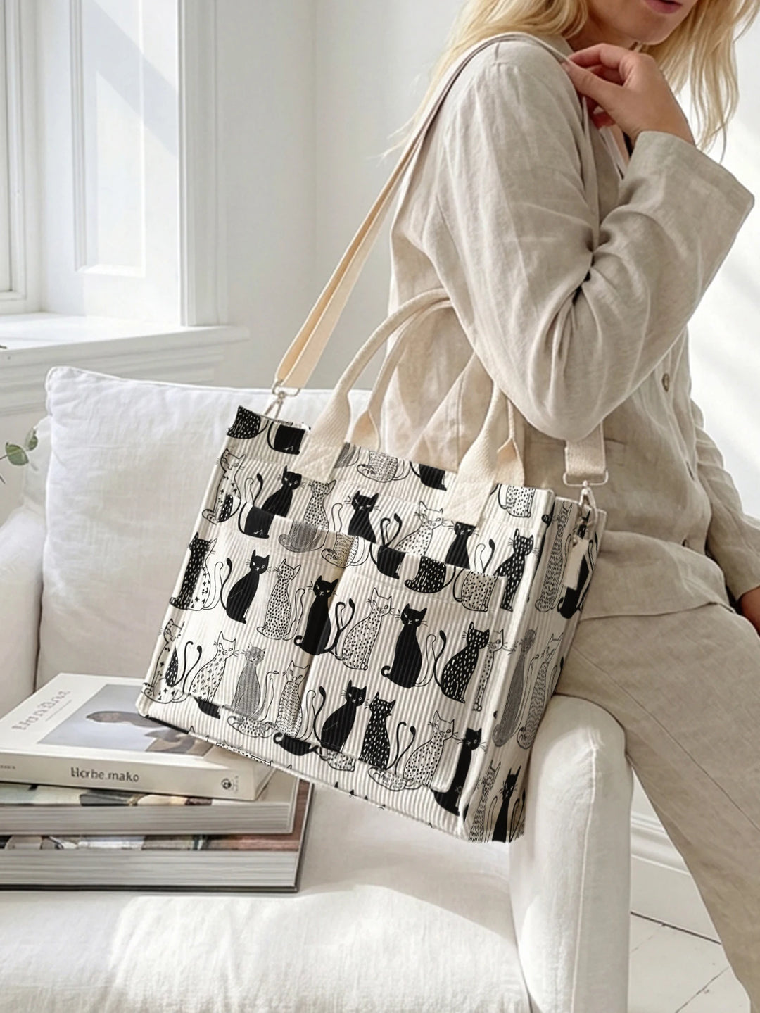 Impression collage de chats noir et blanc sac en corduroy grande capacité multi-poches sac à bandoulière pour amoureux des chats