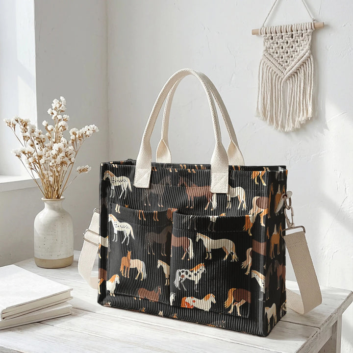 Sac en velours côtelé avec imprimé de chevaux, grande capacité, plusieurs poches, sac à bandoulière pour cavaliers et navetteurs