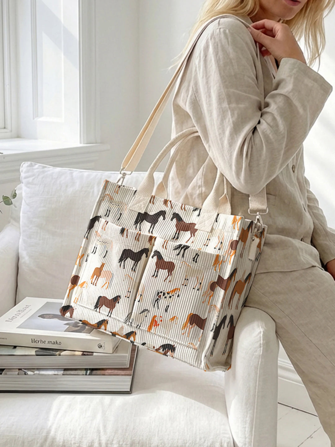 Sac en velours côtelé avec imprimé de chevaux, grande capacité, plusieurs poches, sac à bandoulière pour cavaliers et navetteurs
