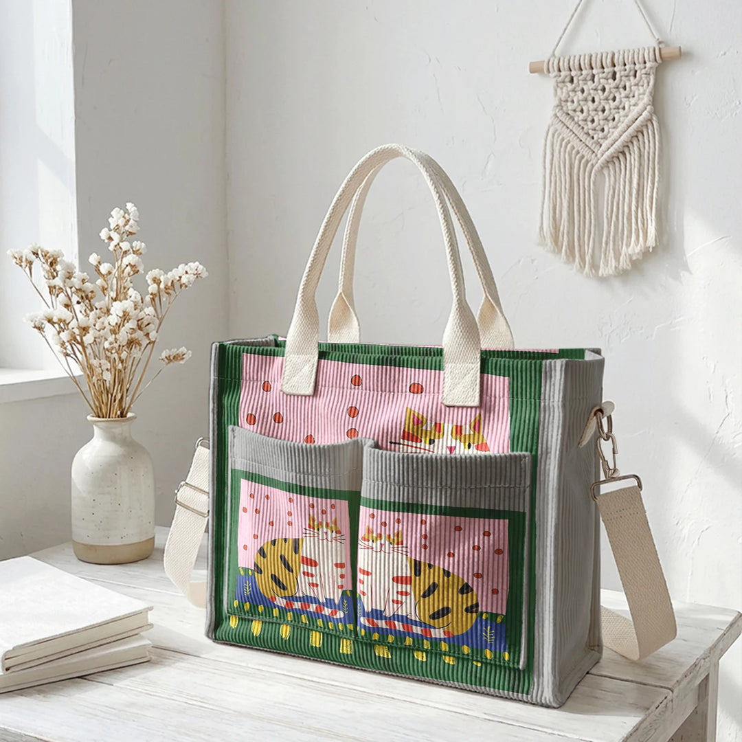 Sac fourre-tout en velours côtelé avec impression d'art populaire vintage - Grande capacité - Sac à plusieurs poches pour amoureux des chats - Sac à bandoulière pour le trajet