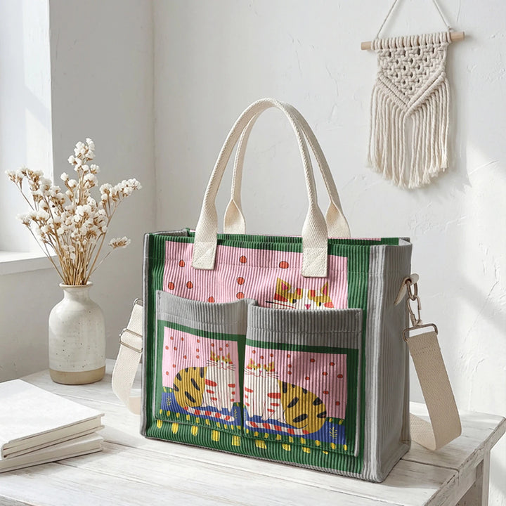 Sac fourre-tout en velours côtelé avec impression d'art populaire vintage - Grande capacité - Sac à plusieurs poches pour amoureux des chats - Sac à bandoulière pour le trajet