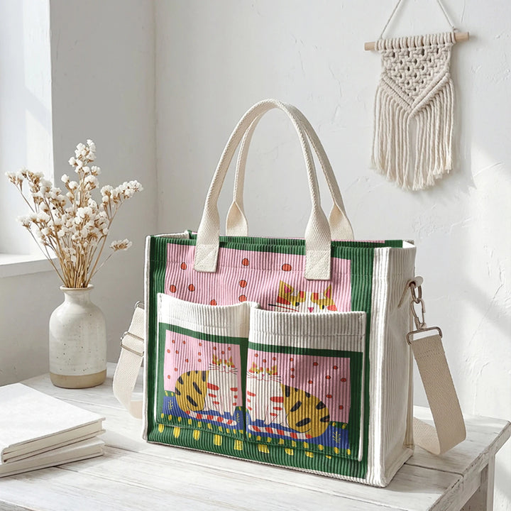 Sac fourre-tout en velours côtelé avec impression d'art populaire vintage - Grande capacité - Sac à plusieurs poches pour amoureux des chats - Sac à bandoulière pour le trajet