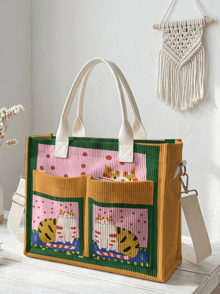Sac fourre-tout en velours côtelé avec impression d'art populaire vintage - Grande capacité - Sac à plusieurs poches pour amoureux des chats - Sac à bandoulière pour le trajet