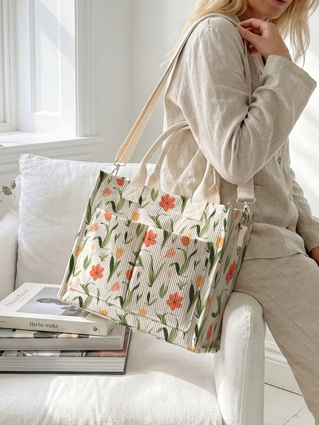 Sac à main en velours côtelé imprimé de fleurs de tulipes Grande capacité sac à bandoulière avec plusieurs poches