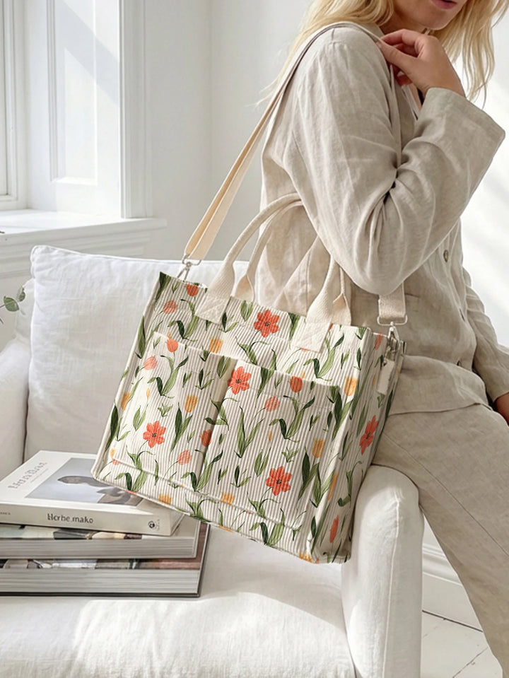 Sac à main en velours côtelé imprimé de fleurs de tulipes Grande capacité sac à bandoulière avec plusieurs poches
