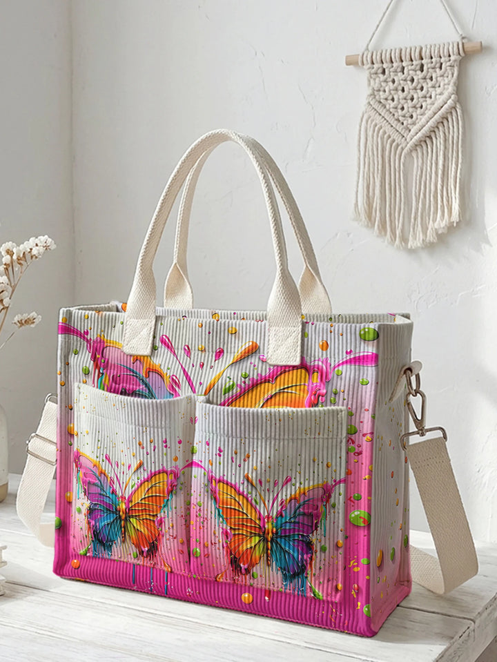 Sac à main en velours côtelé coloré avec imprimé papillon, grande capacité, sac à bandoulière avec plusieurs poches