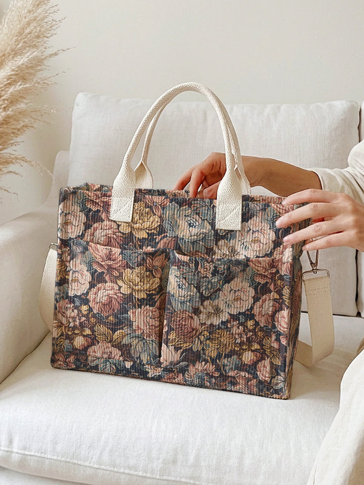Sac en velours côtelé vintage avec imprimé floral, grande capacité, sac à bandoulière avec plusieurs poches