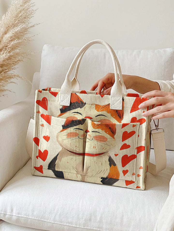 Sac en velours côtelé avec imprimé de chat porte-bonheur et grande capacité, avec plusieurs poches pour les trajets domicile-travail