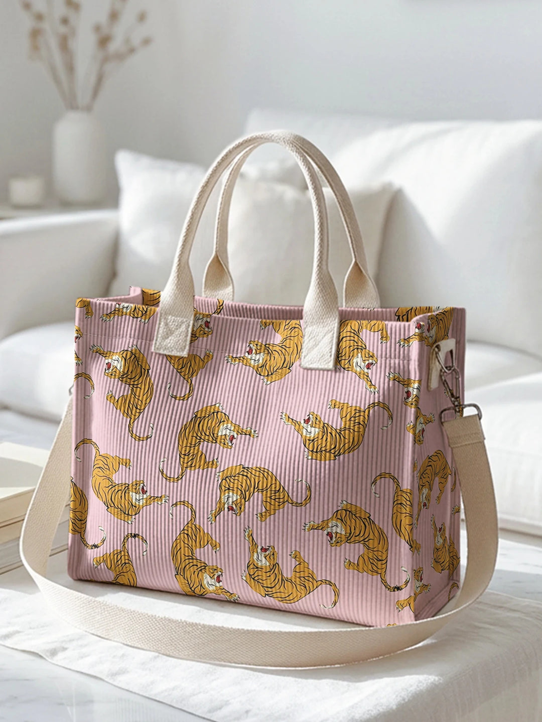 Sac à main en velours côtelé rose avec imprimé tigre, grande capacité, plusieurs poches, amoureux des animaux, sac à bandoulière pour le travail