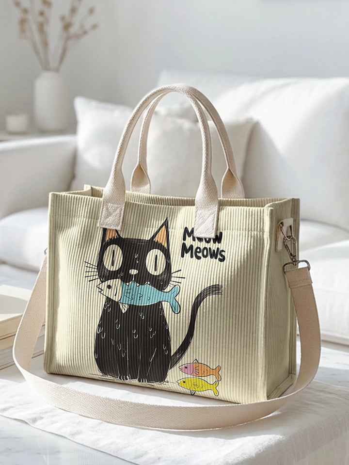 Sac à main en velours côtelé "Meow Meows" noir mignon à grande capacité, sac à bandoulière multi-poches pour les amoureux des chats