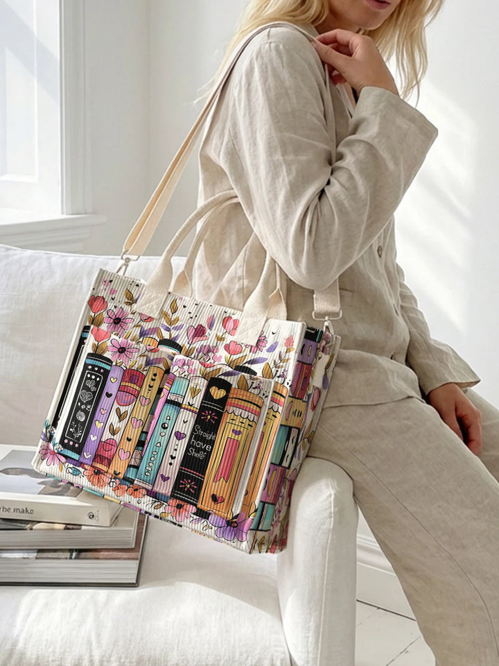Sac à bandoulière en velours côtelé avec impression de livres et de fleurs, grande capacité, sac à main avec plusieurs poches