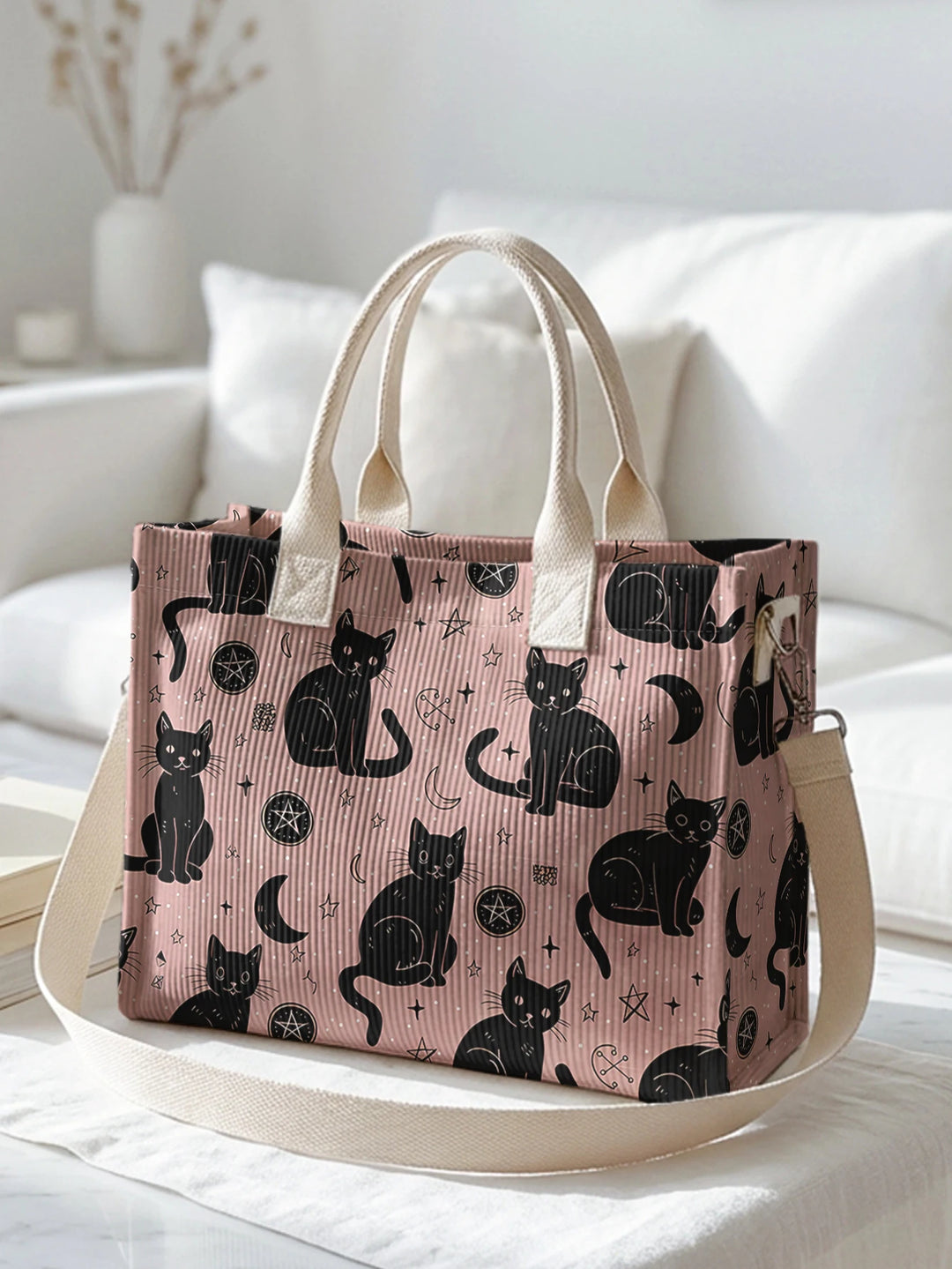 Sac à dos en corduroy avec impression de chats roses et noirs et ciel, grande capacité et plusieurs poches pour les amoureux des chats, sac à bandoulière pour le travail