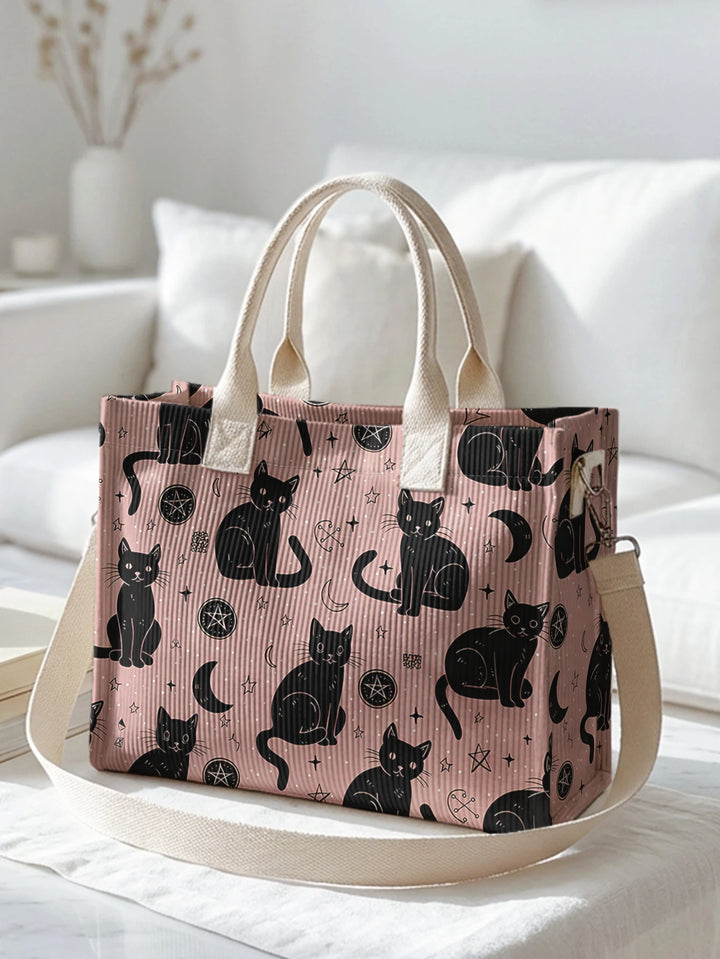 Sac à dos en corduroy avec impression de chats roses et noirs et ciel, grande capacité et plusieurs poches pour les amoureux des chats, sac à bandoulière pour le travail