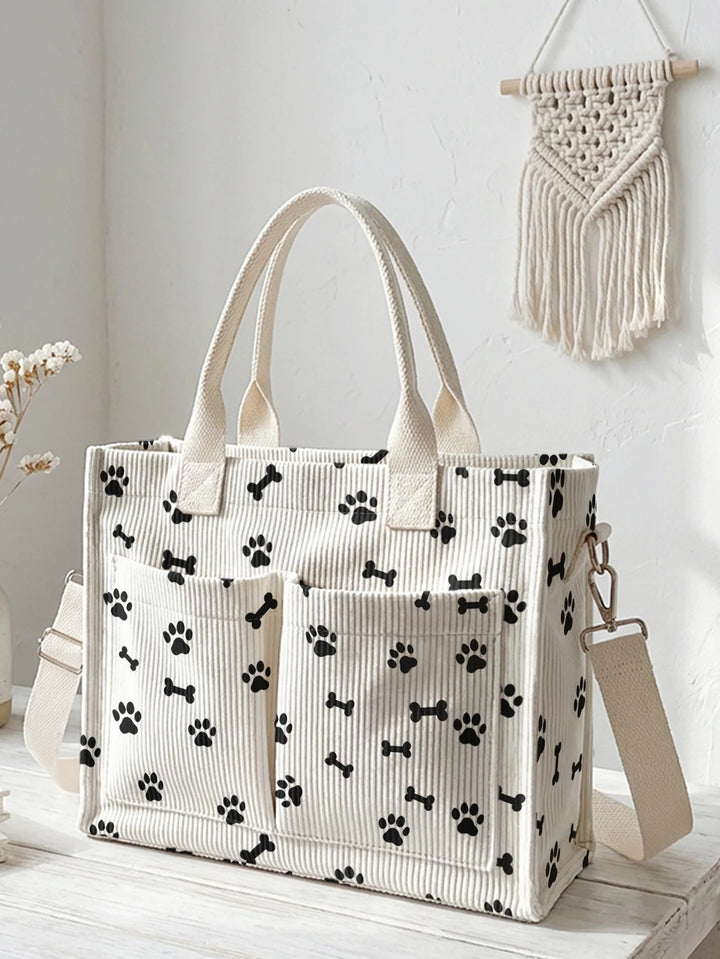 Sac à bandoulière en corduroy avec empreinte de patte de chien et d'os Grande capacité Sac à main multi-poches pour les amoureux des chiens