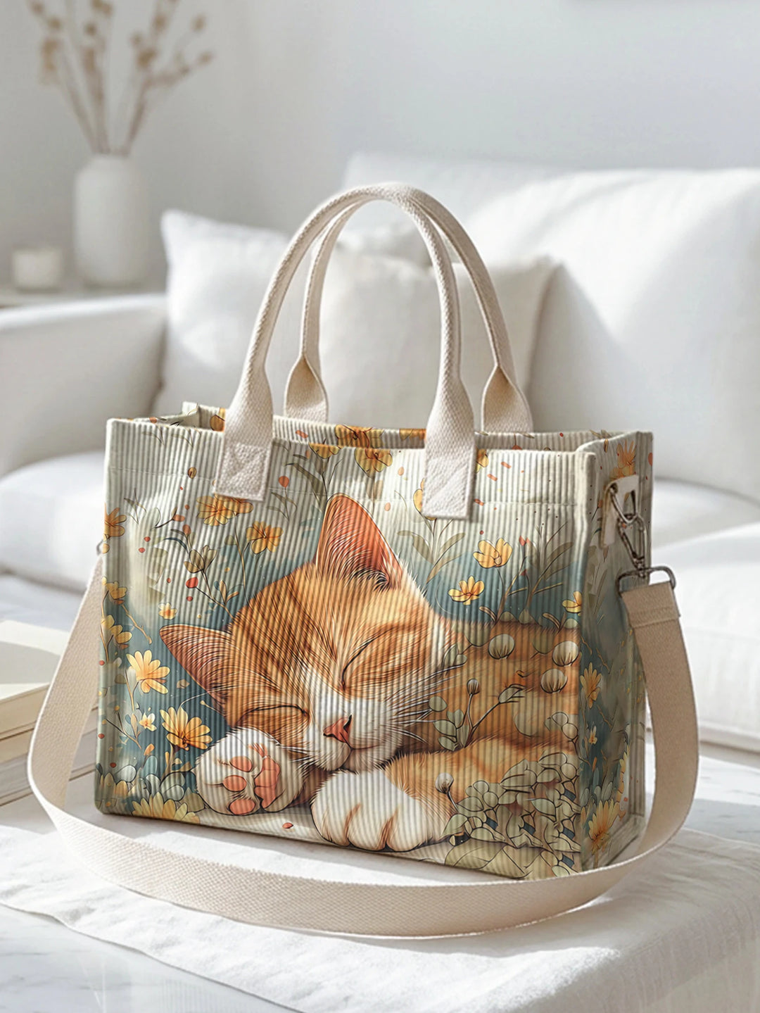 Sac à main en velours côtelé avec impression de fleurs de chat orange endormi, grand sac à bandoulière avec plusieurs poches
