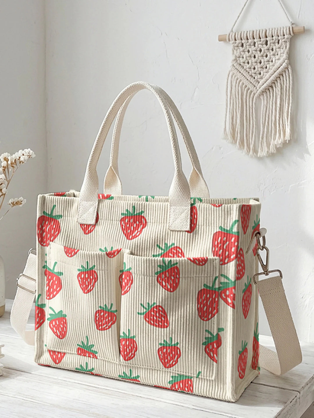 Sac en velours côtelé amusant avec imprimé fraises, grande capacité, plusieurs poches, pour les amateurs de fruits, sac à bandoulière pour le travail et les loisirs