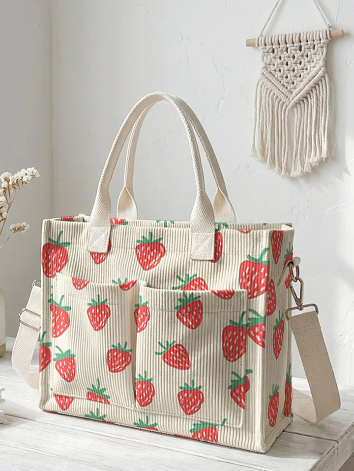 Sac en velours côtelé amusant avec imprimé fraises, grande capacité, plusieurs poches, pour les amateurs de fruits, sac à bandoulière pour le travail et les loisirs