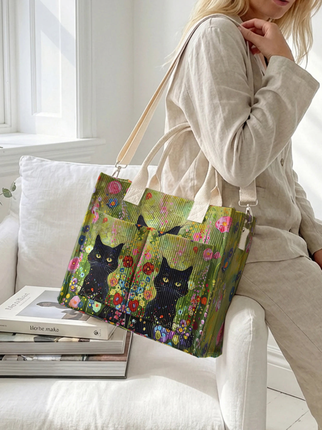 Sac à main en velours côtelé avec impression de chats noirs, jardin de fleurs colorées, grande capacité, sac à bandoulière multi-poches pour les amoureux des chats