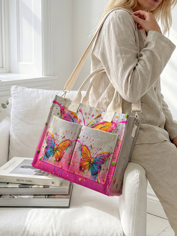 Sac à main en velours côtelé coloré avec imprimé papillon, grande capacité, sac à bandoulière avec plusieurs poches
