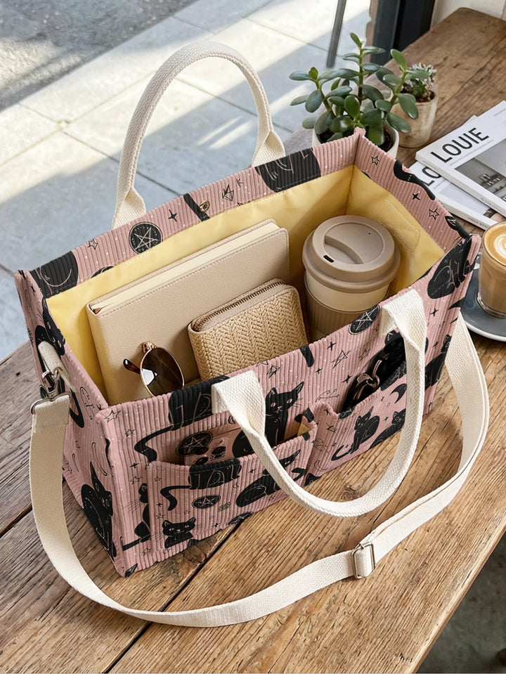 Sac à dos en corduroy avec impression de chats roses et noirs et ciel, grande capacité et plusieurs poches pour les amoureux des chats, sac à bandoulière pour le travail