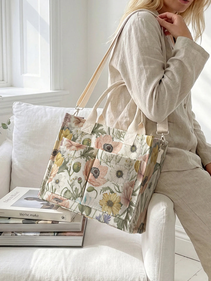 Sac à bandoulière en velours côtelé avec impression de fleurs d'anémone aquarelle vintage, grande capacité, multi-poches, pour les amoureux de la nature, sac de transport