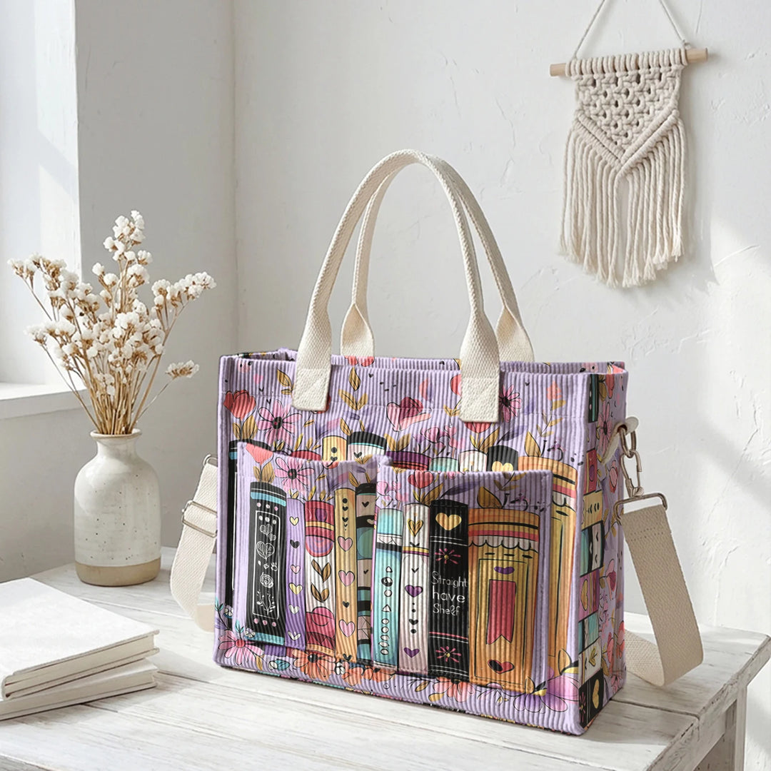 Sac à bandoulière en velours côtelé avec impression de livres et de fleurs, grande capacité, sac à main avec plusieurs poches