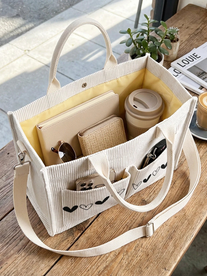 Sac en velours côtelé beige avec imprimé cœur noir, grande capacité, sac à bandoulière avec plusieurs poches