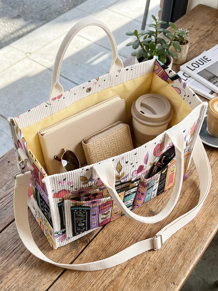 Sac à bandoulière en velours côtelé avec impression de livres et de fleurs, grande capacité, sac à main avec plusieurs poches