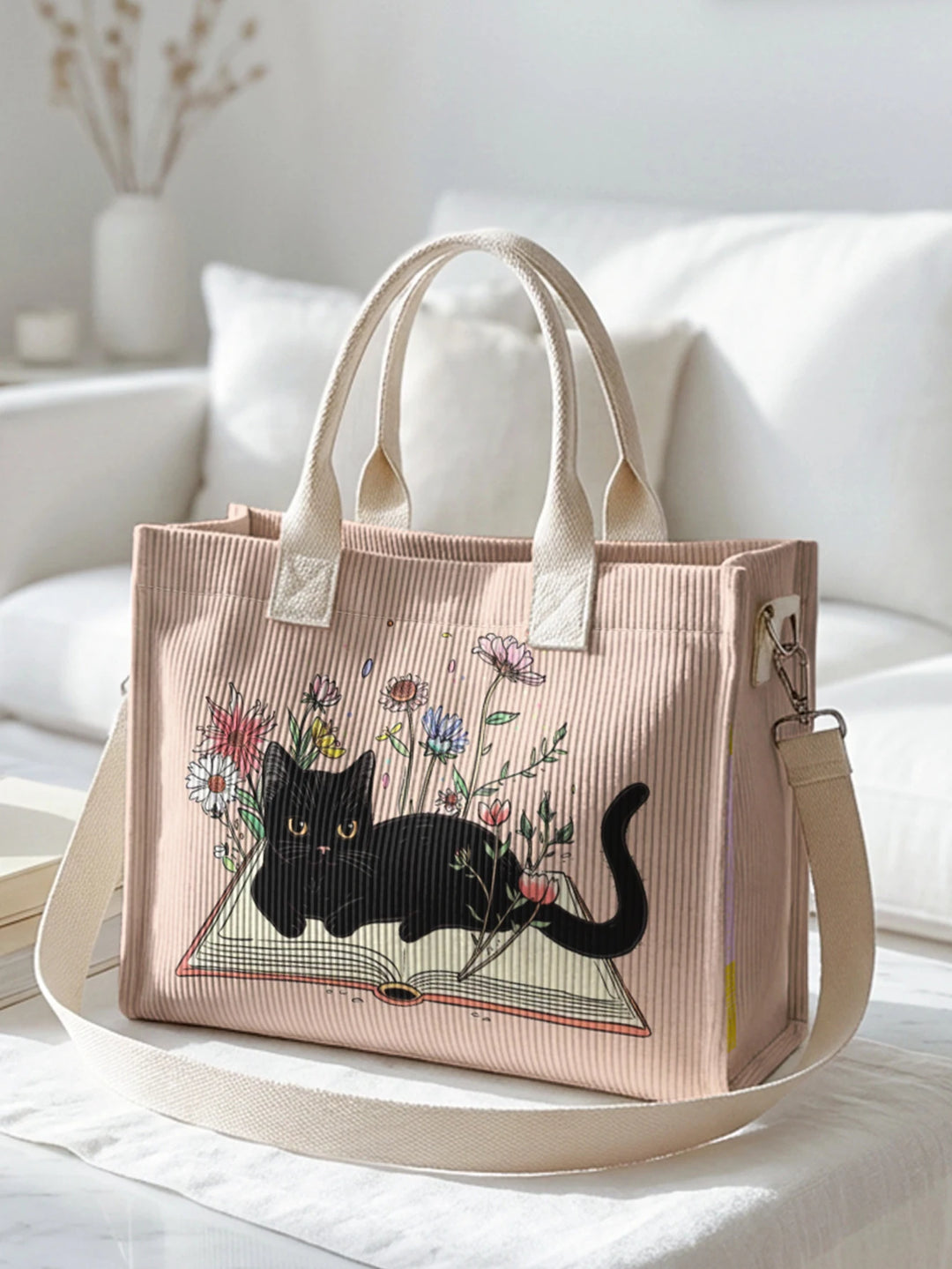 Sac à dos en velours côtelé rose avec impression de chat noir mignon et de livres, grande capacité et plusieurs poches pour les amoureux des chats, adapté pour les trajets domicile-travail.
